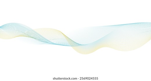 Abstract backdrop with colorful wave lines on white background. Waves in shades of blue and yellow merge smoothly, creating a dreamy ambiance with a perfect blend of fluidity and artistic expr