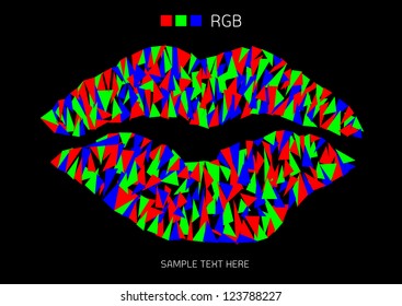 abstract backdrop design with pop art lips in red, green and blue isolated on black background