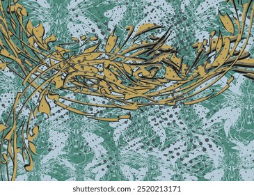 Abstract backdrop with floral and butterfly elements in golden-blue-green tonality. Luxury patterned backdrop with tropical flowers and black dots for business concepts, cover, scrapbooking, interiors