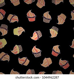 Abstract backdrop for girls, wrapping paper. Seamless cakes pattern. Vector illustration. Food elements colorful repeated wallpaper on black, beige and white.