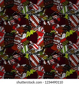 Abstract backdrop for girls, wrapping paper. Food elements colorful repeated wallpaper on brown, white and black. Vector illustration. Seamless cakes pattern.