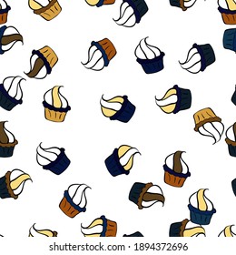 Abstract backdrop for girls, wrapping paper. Seamless cakes pattern. Food elements colorful repeated wallpaper on blue, black and white. Vector illustration.