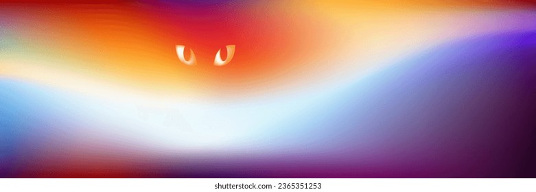 Abstract backdrop for Halloween. Monster with eyes and glowing mouth in dark night. Orange, purple Gradient blurred background. Frightening creature. Happy halloween vector illustration.
