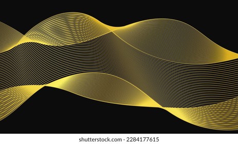 Abstract backdrop with luxury golden waves on dark background. Modern technology background, wave design. Vector illustration
