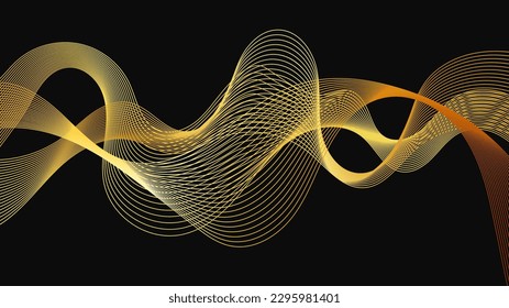 Abstract backdrop with luxury golden waves on dark background. Modern technology background, wave design. Vector illustration
