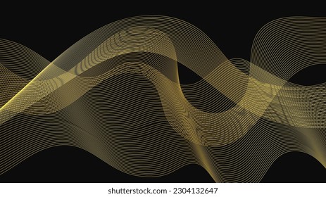 Abstract backdrop with luxury golden waves on dark background. Modern technology background, wave design. Vector illustration