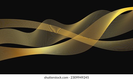 Abstract backdrop with luxury golden waves on dark background. Modern technology background, wave design. Vector illustration