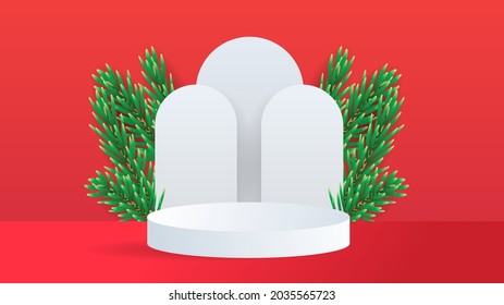 Abstract backdrop for product display, Christmas tree branches and podium circles , 3d podium for presentation,  illustration 3d Vector EPS 10