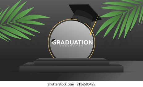 Abstract backdrop for product display in graduation in class of 2022 , Black podiums with plant tropical leaf on black  background , illustration 3d Vector EPS 10