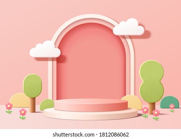 Abstract backdrop for product display, pink podium with trees and plants in 3d illustration