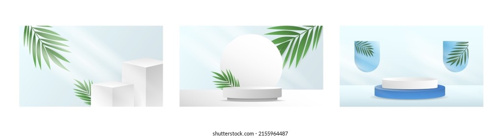 Abstract backdrop for product display set white  podiums and curved background Rounded leaves and tropical on blue background with copy space , illustration 3d Vector EPS 10