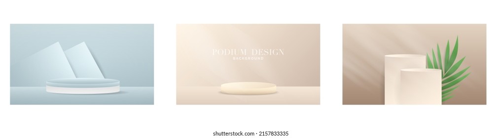 Resumen de fondo para la pantalla de producto conjunto podos blancos y fondo curvo Hojas redondeadas y tropicales sobre fondo azul con espacio de copia , ilustración 3d Vector EPS 10