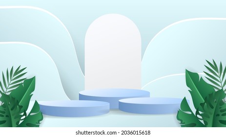 Abstract backdrop for product display three blue podiums and curved background Rounded leaves and tropical white clouds and blue background fresh mind , illustration 3d Vector EPS 10