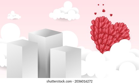 Abstract backdrop for product display, Three gray square podiums and clouds and red hearts , 3d podium for presentation,  illustration 3d Vector EPS 10