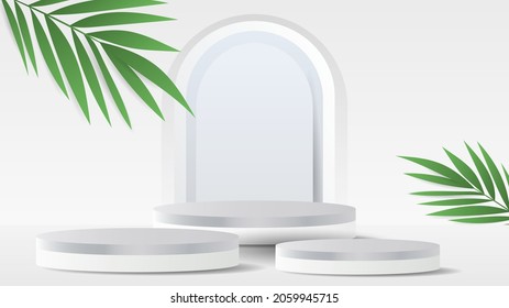 Abstract backdrop for product display three blue podiums and curved background Rounded leaves and tropical white clouds and white background fresh mind , illustration 3d Vector EPS 10