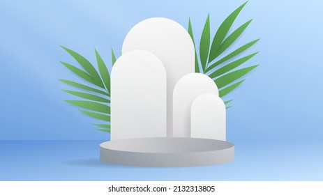 Abstract backdrop for product display three blue podiums and curved background Rounded leaves and tropical white clouds and blue background fresh mind , illustration 3d Vector EPS 10