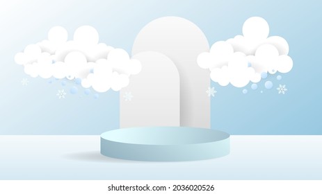 Abstract backdrop for product display, white cloud and podium on blue background , 3d podium for presentation,  illustration 3d Vector EPS 10
