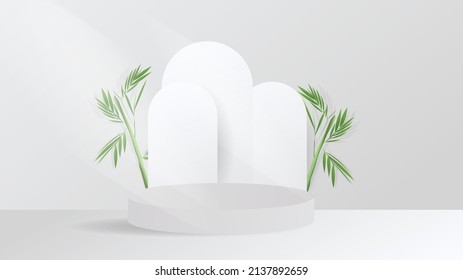 Abstract backdrop for product display white podiums background Rounded leaves and tropical white clouds and white background fresh mind , illustration 3d Vector EPS 10