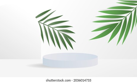 Abstract backdrop for product display,Green tropical foliage and white podium and crimson background , 3d podium for presentation,  illustration 3d Vector EPS 10