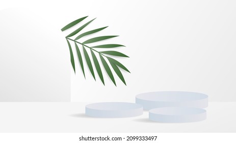 Abstract backdrop for product display,Green tropical foliage and white podium and crimson background , 3d podium for presentation,  illustration 3d Vector EPS 10
