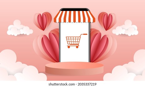 Abstract backdrop for product display,Red-Orange Podium and Smartphone Online Sales , 3d podium for presentation,  illustration 3d Vector EPS 10