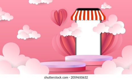 Abstract backdrop for product display,Red-pink Podium and Smartphone Online Sales , 3d podium for presentation,  illustration 3d Vector EPS 10