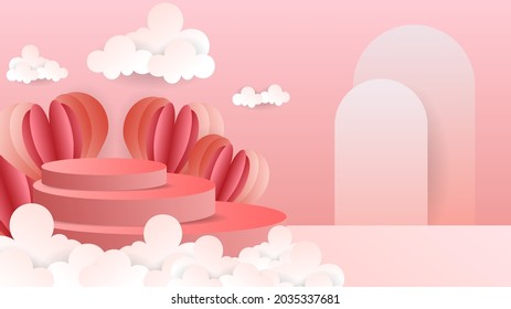 Abstract backdrop for product display,Three podiums with hearts and clouds on a pink background , 3d podium for presentation , illustration 3d Vector EPS 10