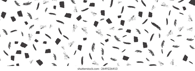 An abstract backdrop showcases black brushstrokes and square shapes scattered across a white surface, creating a modern pattern ideal for backgrounds, textiles, or graphic designs