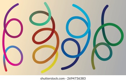 Abstrakte Kulisse, die farbenfrohe Spirallinien zeigt, die kunstvoll angeordnet sind und zwischen verschiedenen Schattierungen auf einer glatten, hellgelben bis hellgrauen Farbverlauf-Leinwand übergehen.