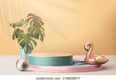 Abstract backdrop for summer product display, turquoise podium with swimming pool, flamingo swim ring and tropical potted plant, 3d illustration