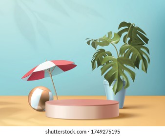 Abstract backdrop for summer product display, rose gold podium with umbrella, beach ball and tropical potted plant, 3d illustration