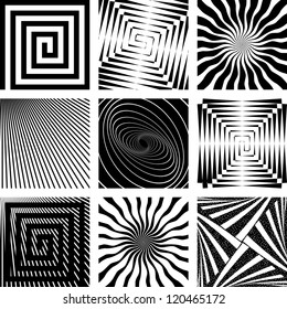 Abstract backdrops set. Rotation, spiral and radial motion illusion. Vector art.