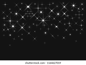 Abstract backgound of random falling silver stars. Elegant pattern for banner, greeting card, Christmas and New Year card, invitation, postcard, paper packaging. Vector illustration