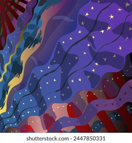 abstract backgrabstract background illustration in the form of fabric flags and stars where the fabrics wriggle and stretch across the infinity of the horizon, spreading sway and wave. good quality