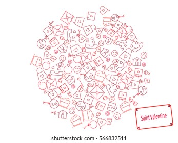 Abstract Backgraund Valentine's Day. Cake, hearts, couple, candle, envelope, house, circle. Color vector illustration