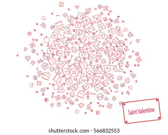 Abstract Backgraund Valentine's Day. Cake, hearts, couple, candle, envelope, house, circle. Color vector illustration