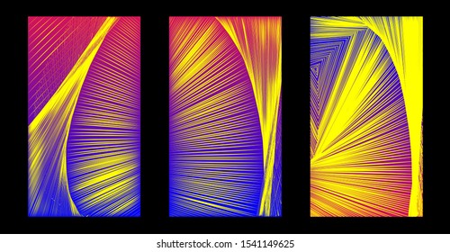 Abstract background 16x9. Set 3 in 1. Bright yellow lines against a purple-blue gradient. Template for applications, sites, stories on social networks, business cards, flyers, etc.