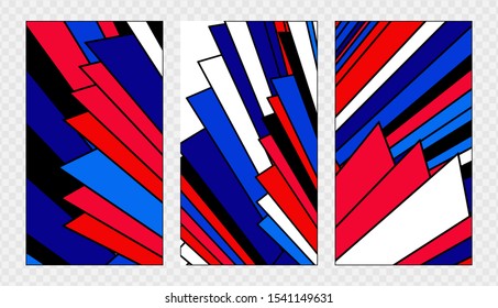 Abstract background 16x9. Set 3 in 1. Bright blue, white, red and black chaotic geometric shapes. Template for applications, sites, stories on social networks, business cards, flyers, etc.