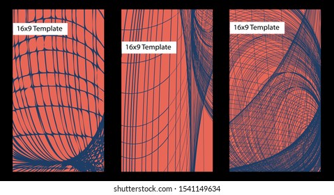 Abstract background 16x9. Set 3 in 1. Blue lines form of circles and fishing nets on a red-coral background. Template for applications, sites, stories on social networks, business cards, flyers, etc.
