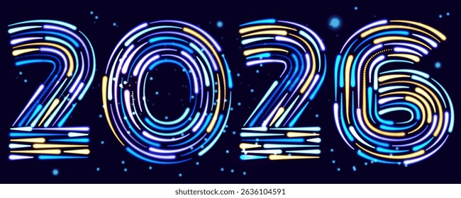 Abstract background for 2026 New year. Vector illustration. Futuristic glowing particles. Color particles on a dark background. Abstract holiday background.