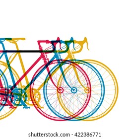 Abstract background 3 bikes in different colors on white, vector illustration for your design.