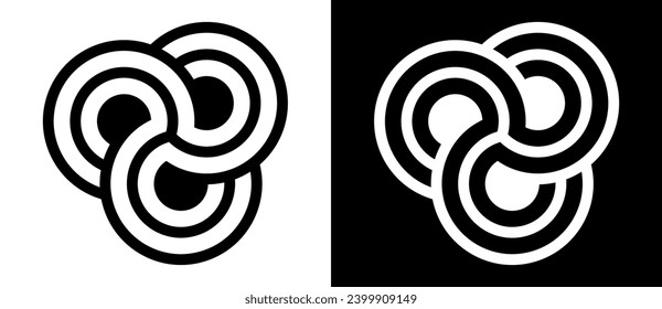 Abstract background with 3 circles and lines in spiral as logo, icon or design element. Black shape on a white background and the same white shape on the black side.