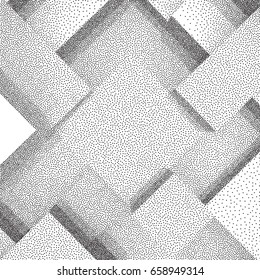Abstract background of 3d blocks. Black and white grainy dotwork design. Pointillism pattern. Stippled vector illustration.