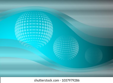 Arrière-plan abstrait 3D, bleu avec vagues transparentes et sphères de points, création vectorielle.