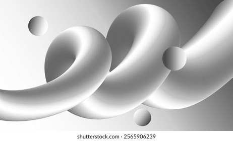 Abstract background 3d chrome metallic twisted liquid line and spheres. Silver metal effect realistic fluid shape. Trendy premium banner, wallpaper, cover design. Vector