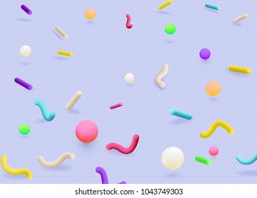 Abstract background, 3d colored geometric toys. Details of the child's development designer and balls on the floor. Minimalist design. Vector illustration