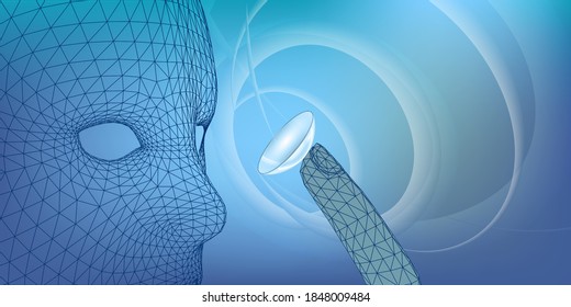 Fondo abstracto con lentes de contacto 3d salud ocular y alambre facial. Cartel de ciencia médica. Ilustración vectorial.