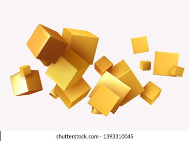 Abstract Background with 3d cubes gold color. Geometric object block, Pattern square.