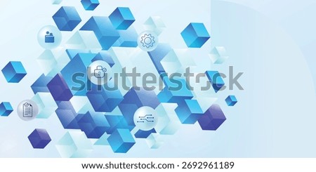 Abstract background of 3D cubes and icons. Concept of blockchain, data security, digital network, cloud computing, and futuristic technology system.