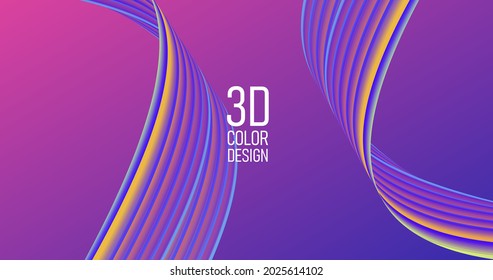 Abstract background with 3d curves in fluorescent colors, flat stripe in twist, modern graphic composition backdrop